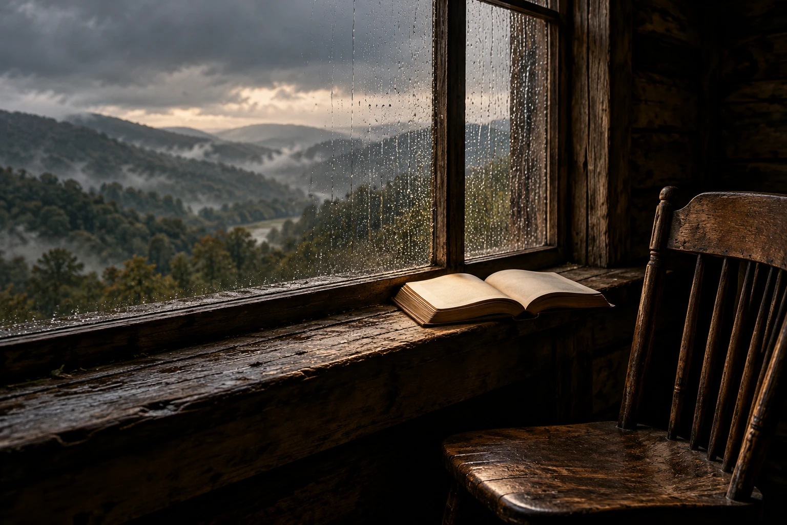 Concept image of rain on a Tennessee cabin window, an open book, an empty wooden chair, and wooded hills