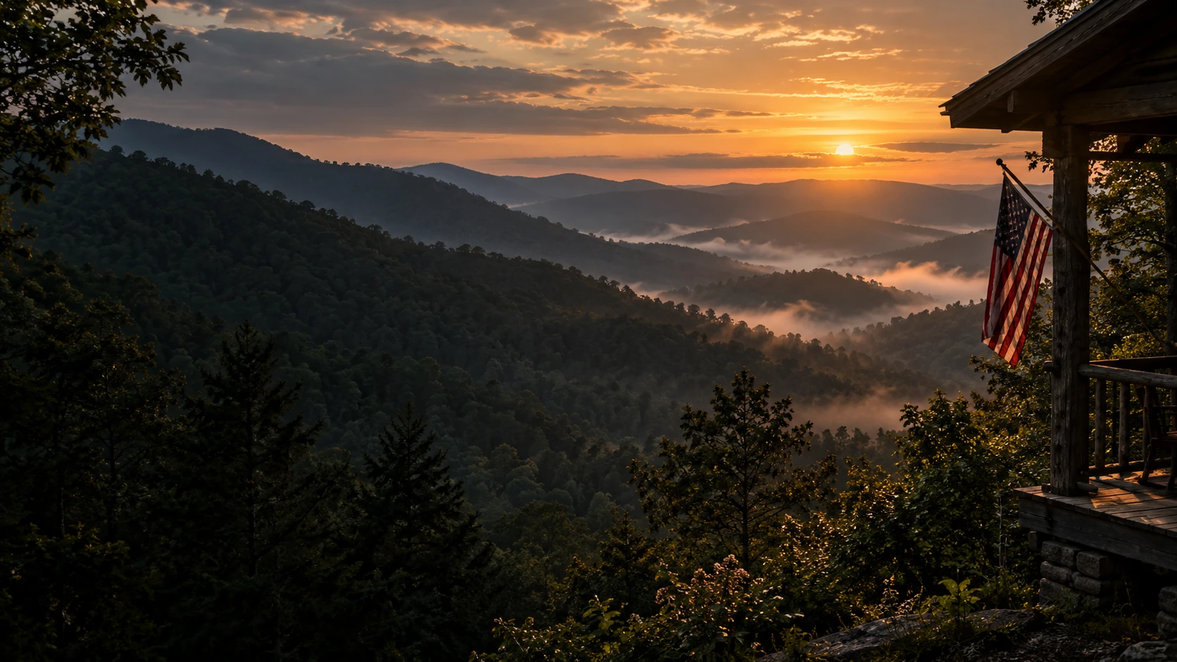 Tennessee-inspired mountain concept art: Appalachian ridgelines, morning haze, and an American flag on a timber porch